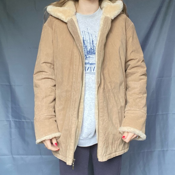 Beautiful St John’s Bay Pennylane Suede Large Tan 100% Leather Warm Winter Coat - Picture 6 of 11